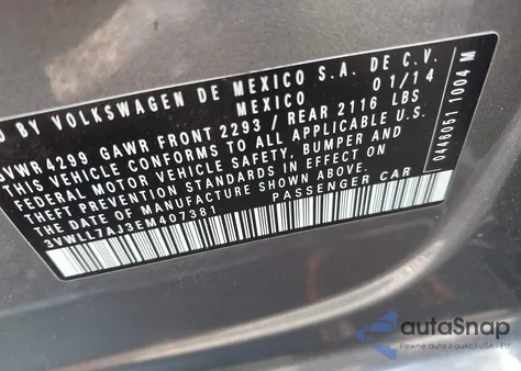 2014 Volkswagen Jetta 2.0L Tdi from USA, damaged, VIN 3VWLL7AJ3EM407381